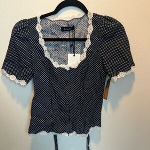 Kourt Navy Polka Dot Blouse with Lace Trim